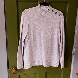 Gray long sleeve St. John's Bay sweater with button detail on left side of neck
